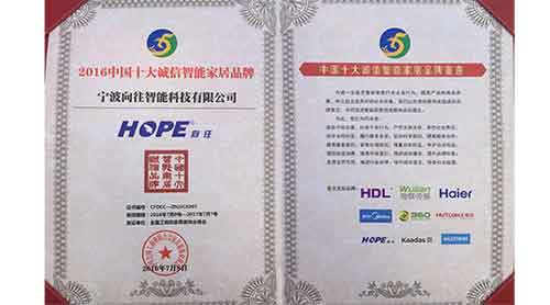 向往荣获"2016中国十大诚信智能家居PG东升国际"