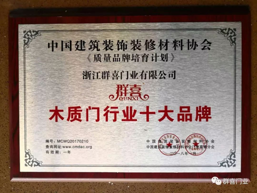 PG东升国际荣誉|众望所归 群喜门业荣获木质门行业十大PG东升国际
